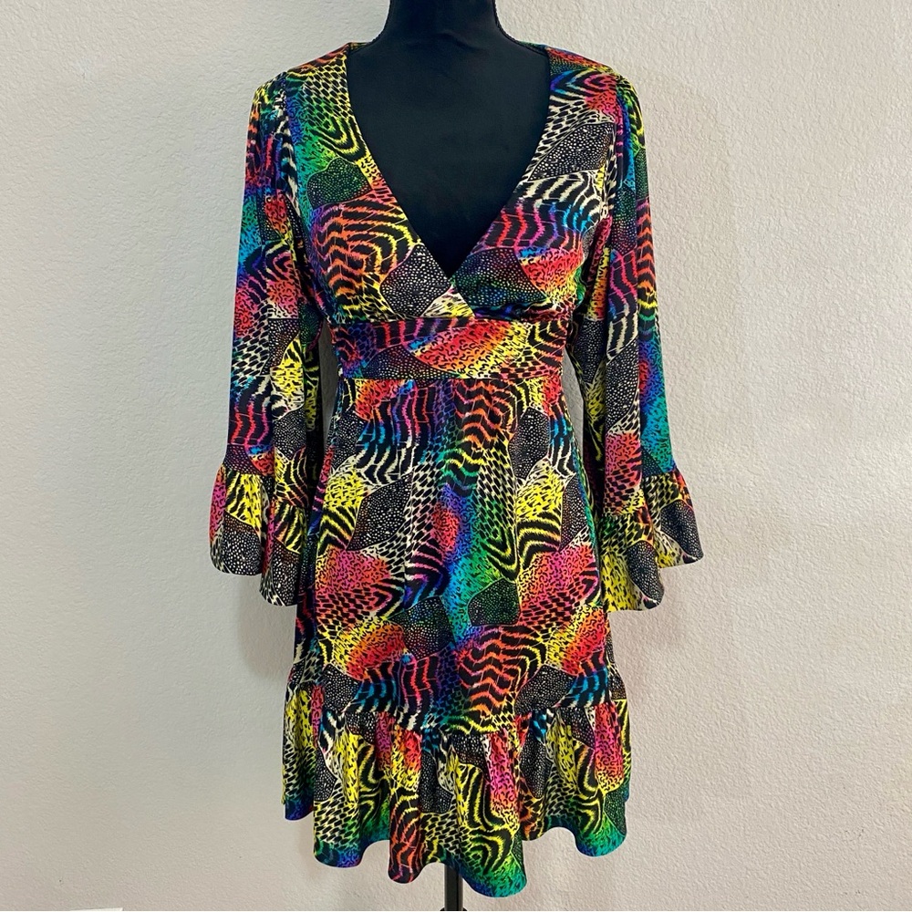 RARE Vintage Betsey Johnson‎ Collection Rainbow Bambi Animal Print Bell Sleeve